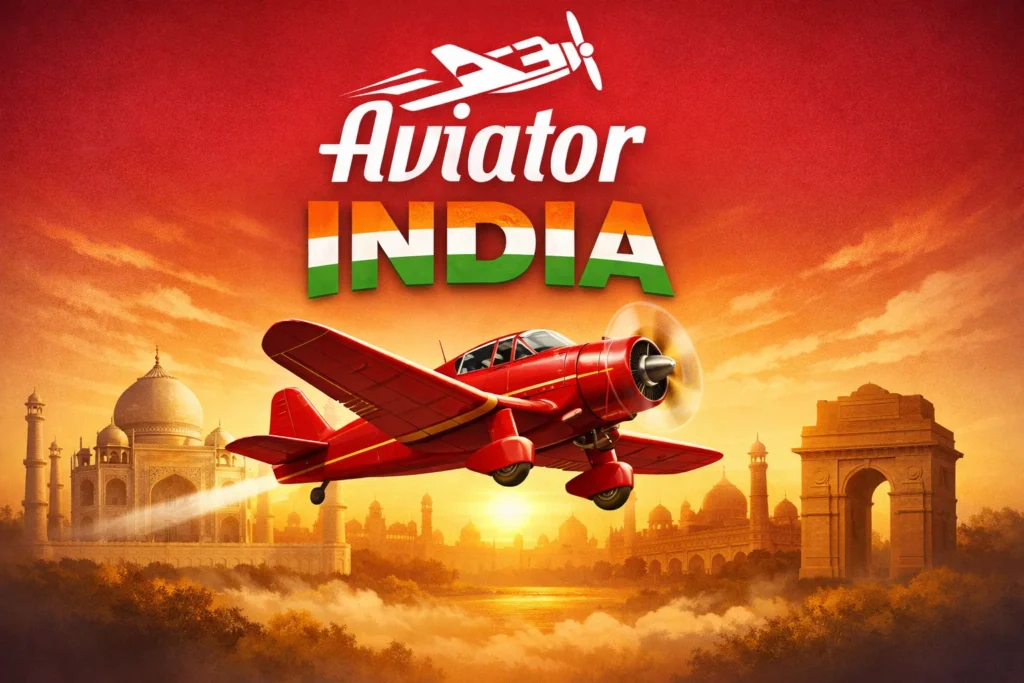 Vibrant promotional banner for Aviator game in India featuring a red propeller plane soaring over the Taj Mahal and India Gate at golden hour sunset, with dramatic light trails from the engine, the Indian tricolor incorporated into the bold 'Aviator INDIA' text in orange, white, and green, and the stylized Aviator logo above against a warm red-orange sky