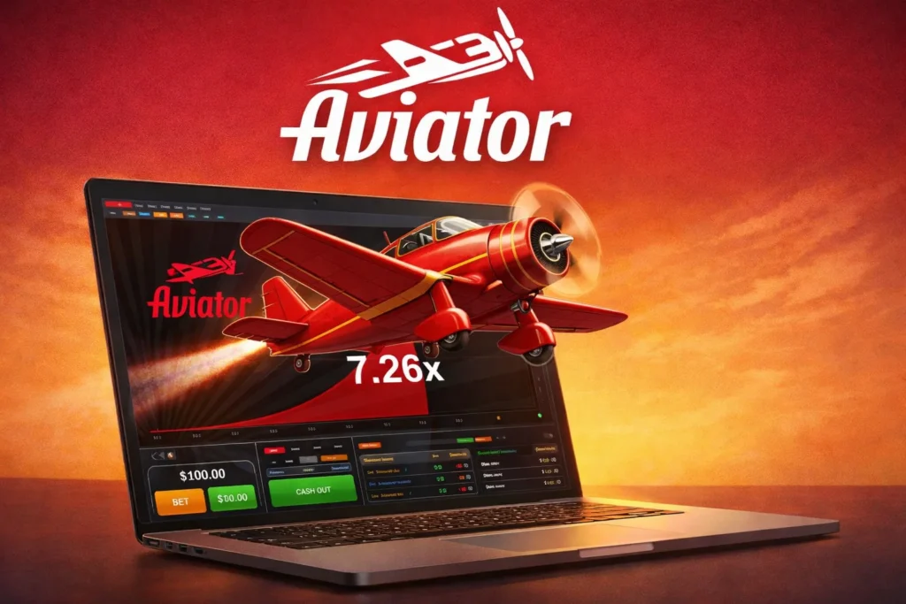 Aviator crash game advertisement showing a modern laptop open to the game screen at 7.26x multiplier with rising red trajectory, green 'CASH OUT' button, $100 bet panel, and various stats, while a detailed red propeller plane dramatically emerges from the screen with fiery exhaust trail, set against a warm sunset gradient background with the 'Aviator' logo prominently displayed